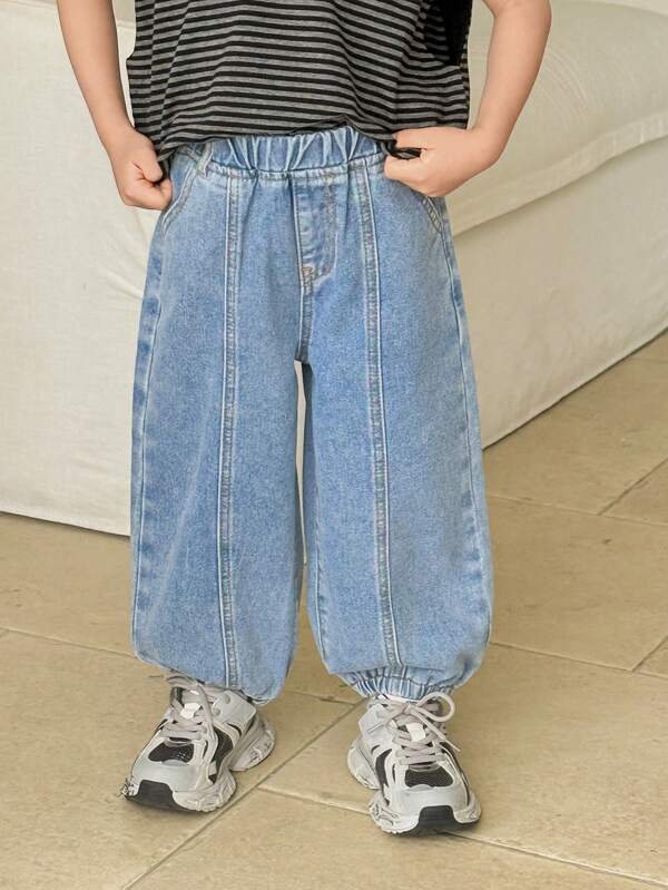 SHEIN Young Boy Fashion Stonewashed Comfortable Simple Base Soft Cute Casual Basic Baggy Relaxed Fit Blue Denim Jeans Jogger Pants For Kids Clothes Boys Costume Daily Wear And Kids Four Seasons Clothes