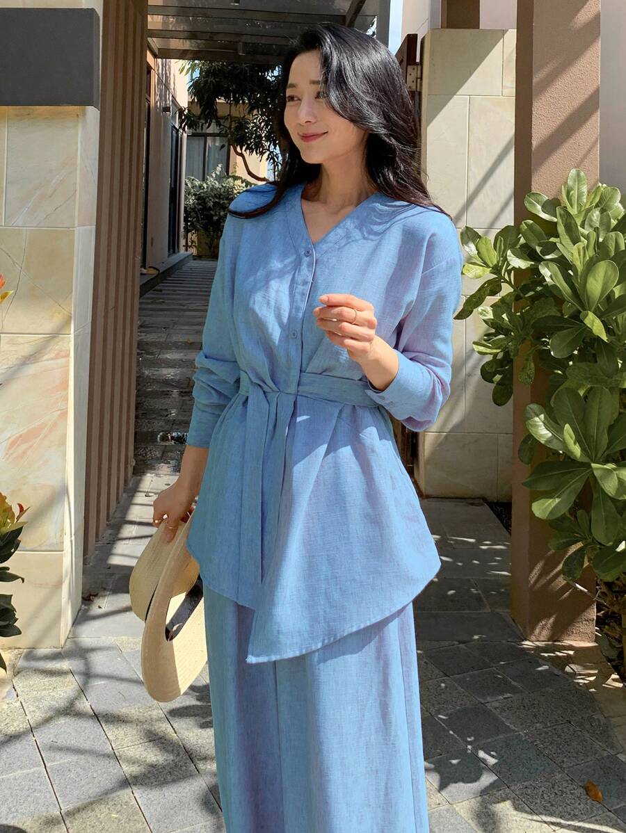 DAZY 优雅不对称衬衫上衣和阔腿裤女式两件套，秋季女装 - 淺藍色 - 查看 1