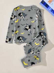 BATMAN X SHEIN 85th 小男孩卡通全印花弹力针织圆领舒适家居睡衣套装