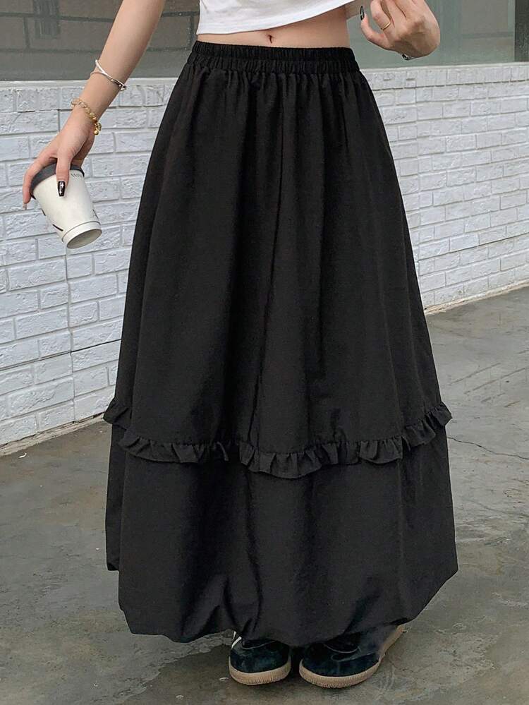 Women's Solid Color Pocket Frill Trim Loose Casual A-Line Skirt