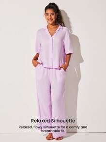 LUVLETTE Breathable Cotton Linen Basic Short-Sleeve Button-Up Top & Pants Loungewear Airy Pajama Set Fashion Casual Comfy Outfits Pants With Pockets  Lingerie As Outerwear