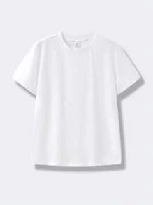 SHEIN 青少年男孩休闲街头服饰纯色百搭舒适纯色圆领短袖白色 T 恤，适合通勤、上学、日常穿着、旅行、运动、春夏季 - 白色 - 查看 2