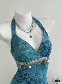 Elamini 夏季复古绿色休闲女式 V 领露背波西米亚风束腰透视不对称 A 字褶边中长连衣裙 - 彩色 - 查看 1