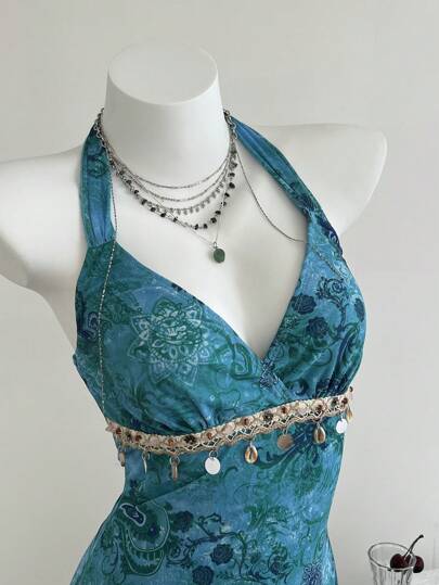 Elamini Summer Vintage Green Casual Women V-Neck Halter Boho Waist Cinched Sheer Asymmetrical A-Line Ruffle Midi Dress