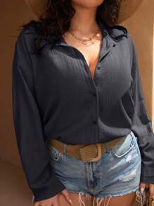 SHEIN Cottnline 女士纯色衬衫，适合夏季度假和休闲 - 黑色 - 查看 6