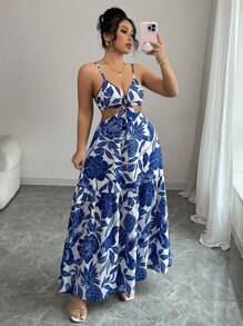 Elenzga 女士印花束腰无袖中长连衣裙，适合度假和日常通勤 - 藍白色 - 查看 1