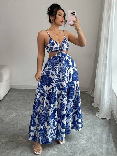 Elenzga Vestido Médio Feminino de Cintura Franzida e Sem Mangas com Estampa, Adequado para Feriados e Uso Diário