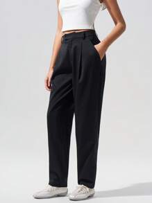 SHEIN BASICS Women's Plain Woven Casual Pocketed Versatile Long Pants - Dark Grey - View 6