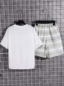 2 件套青少年男孩休闲百搭圆领口袋 T 恤和短裤套装，适合通勤、上学、日常穿着、运动、春夏季