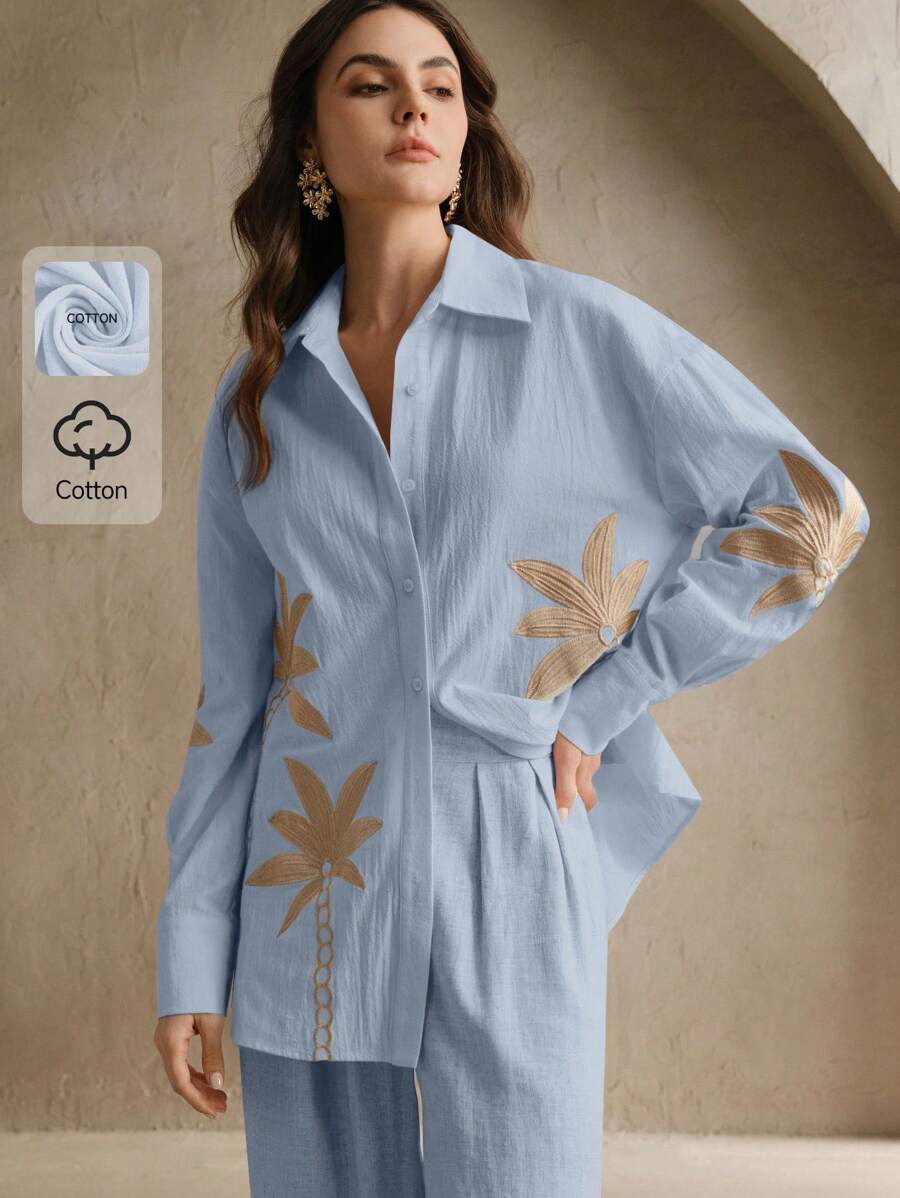 Anewsta Kemeja Lengan Panjang Wanita Motif Aprikot Bordir Tenun, Cocok untuk Pantai dan Liburan. - Baby Blue - View 1