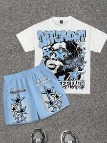 SHEIN 2pcs Tween Boy Casual Fashionable Cool Vintage Engraved Portrait, Star, Slogan Print Crew Neck Short Sleeve T-Shirt And Shorts Set, Summer