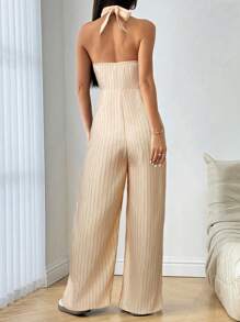 Flirla Women Stripe Pattern Halter Jumpsuit - Apricot - View 2