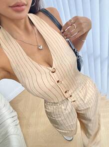 Flirla Women Stripe Pattern Halter Jumpsuit - Apricot - View 6