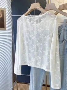 女士蝴蝶网眼长袖单排扣薄款夹克 - 白色 - 查看 2