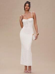 SHEIN BAE 女式纯色前系带修身优雅细肩带连衣裙，夏季 - 白色 - 查看 1