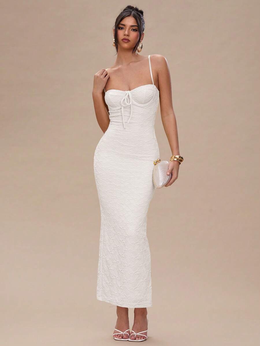 SHEIN BAE 女式纯色前系带修身优雅细肩带连衣裙，夏季 - 白色 - 查看 1