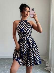 Selianne 女式海军蓝和杏色条纹设计无袖系带领口收腰休闲度假迷你连衣裙 - 藏蓝色 - 查看 4