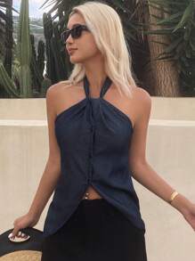 Livesso 女式露背系带前无袖休闲牛仔衬衫，夏季 - 深色水洗藍 - 查看 2