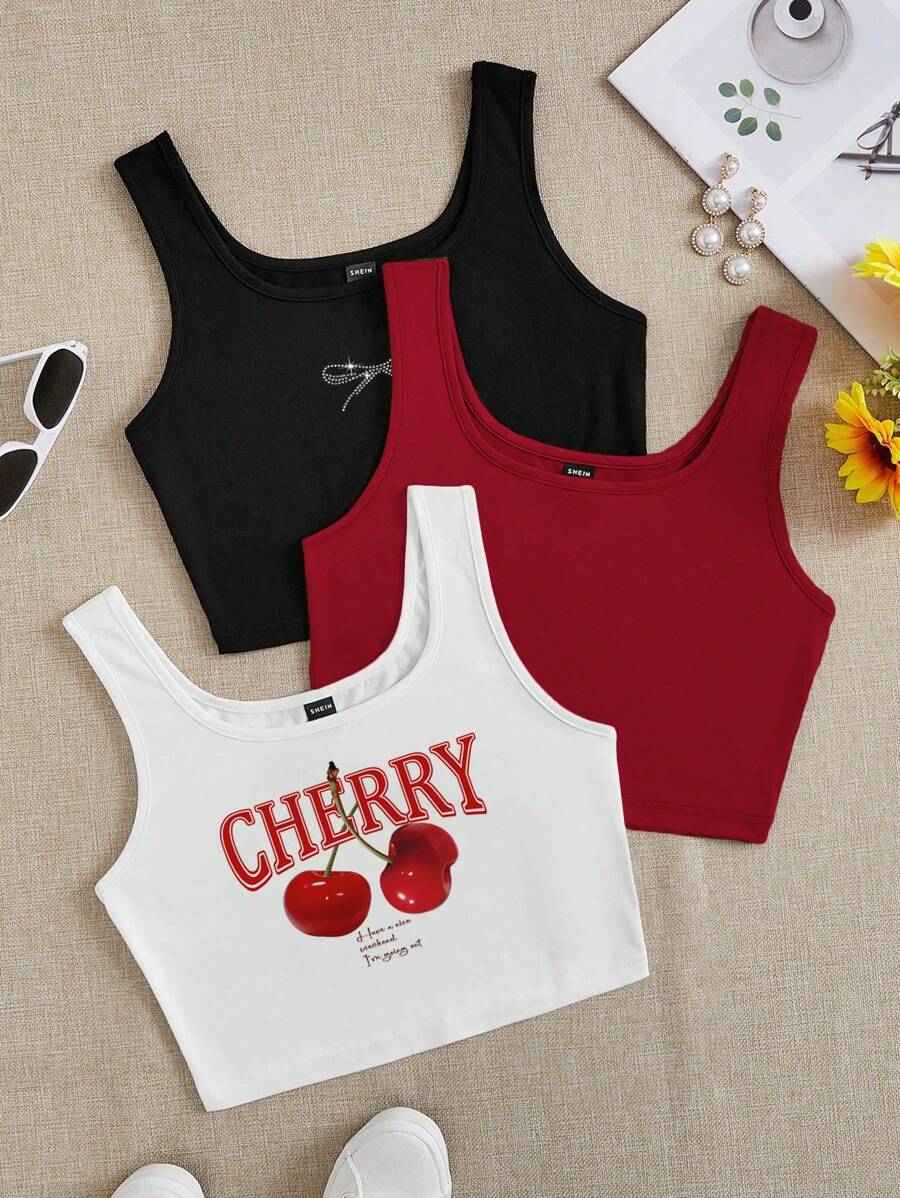 SHEIN Comfortcana Bộ 3 áo hai dây cỡ lớn dành cho nữ, kiểu dáng thường ngày, in hình quả anh đào, thắt nơ và đính đá giả, thích hợp cho mùa hè. - Nhiều màu - Xem 1