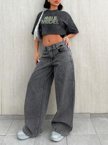 EURMUSE 高腰阔腿牛仔长裤 - 灰色 - 查看 5