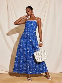 VALERIA GALIPOLI 印花肩带撞色绑带 A 字形露背中长连衣裙夏季女士度假装 - 彩色 - 查看 4