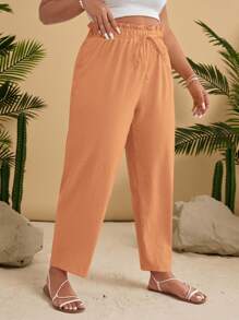 SHEIN VCAY Plus Size Summer Solid Color Textured Waist Tie Pants