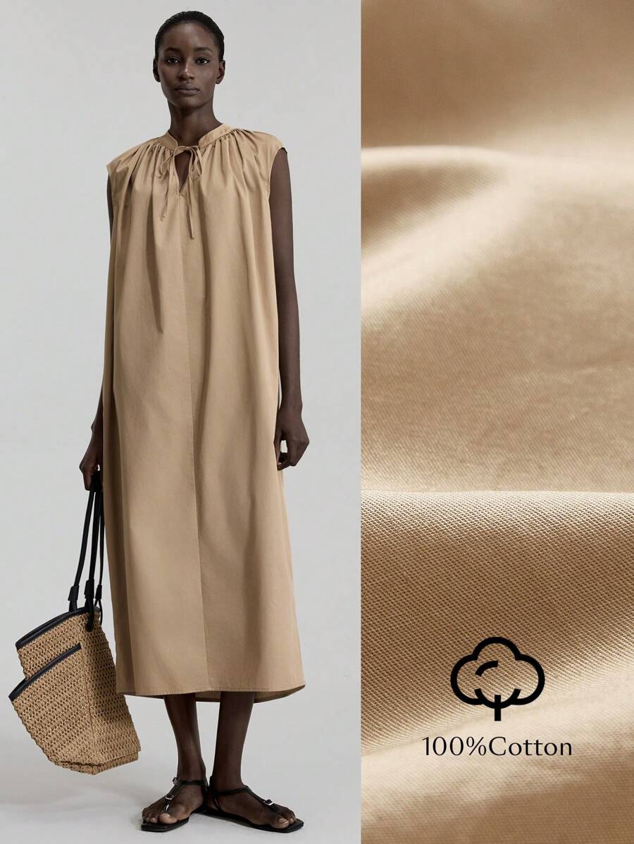 Ontre Váy dài ngang gối không tay tối giản màu trơn dành cho nữ năm 2025, mùa hè - Màu Khaki - Xem 1
