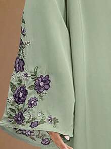 Al Najma 女士简约休闲金色刺绣袖口阿巴亚长袍 女式夏季长袍 - 綠色 - 查看 7