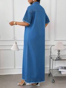 SHEIN Lady 女士牛仔长裙，短袖，休闲修身款，蓝色，适合7月4日美国独立日、毕业典礼等场合穿着。其他可选款式包括：女士毕业礼服、女士长款连衣裙、女士毕业礼服、女士连衣裙、优雅连衣裙、女士夏季服装、夏季工作装、女士夏季服装、女士休闲连衣裙、女士夏季连衣裙、商务休闲长裙等。 - 中等水洗藍 - 查看 2