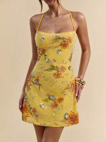 SHEIN BAE Đầm ôm body hở lưng thêu sequin màu cam sáng kết cấu dây buộc mini loe cho nữ, trang phục đi nghỉ - trái cam - Xem 5