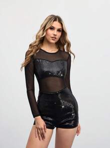 SHEIN Unity Fashionable Sexy Mesh Patchwork Sequin Sports Romper - Black - View 3