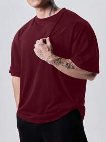 GymBeat Men's Solid Color Round Neck Short Sleeve Sports T-Shirt, Fashionable For Summer Workout Tops Gym Top Christmas Breathable - Burgundy - View 4