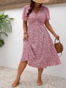 SHEIN Frenchy 加大码教师服装，布里奇顿 V 领全印花夏季短袖连衣裙 - 玫紅色 - 查看 7