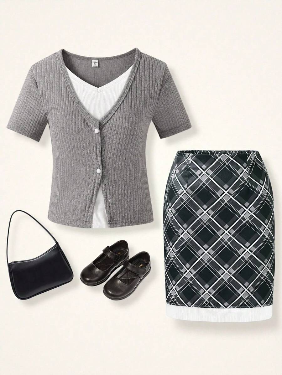 2pcs/Set Teen Girl Ribbed Knit 2 In 1 Top & Plaid Ruffle Hem Snug Fit Skirt Suit, Casual Summer Outfit - Grey - View 1