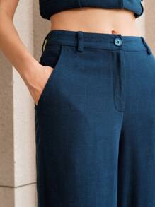 EMERY ROSE Women's Linen Wide Leg Pants, Casual/Office Wear, Work,Navy Blue Linen Suit Pants,Business Casual,Office,Old Money Style,Professional - Navy Blue - View 2