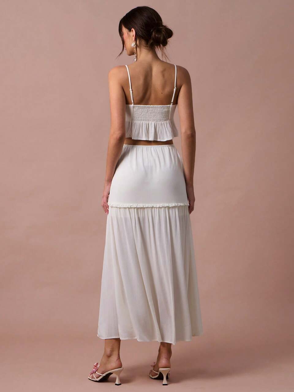 Enchnt Women's Off-White Lace Trim Camisole Top&Frill Long Skirt Set,Elegant Summer Vacation Holiday Outfits,Sweet Two Pieces Set For Wedding Guest