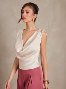 L'Amorae 缎面女士无袖宽松不对称翻领优雅休闲办公室衬衫，香槟色，春夏