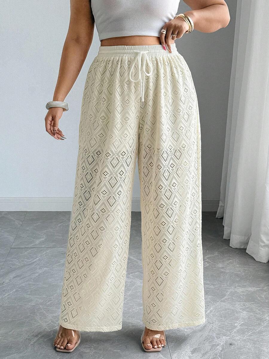 Elenzga Plus Size Women Elegant Textured Drawstring Pants Fall Cloth For Women - Apricot - View 1