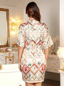 LuxeNights Spring And Summer Seasons Women's Satin Tropical Pattern Elegant Print Nightgown Women Nighty - Multicolor - View 2