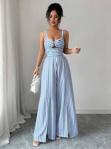 Elenzga Women Blue & White Striped Sleeveless Jumpsuit - Blue - View 5