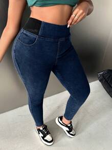 Slaydiva Plus Size High Waist Stretchy Black Skinny Fit Jeans Hollowed Costumes Christmas Women Clothes Thanksgiving Women Homecoming Winter Clothes Cowgirl Costume Fleece Jeans Fleece Leggings - Dark Wash - View 7