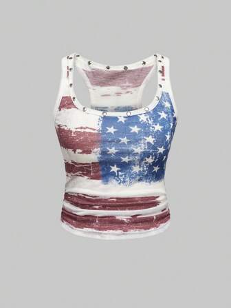 Camiseta de tirantes con estampado retro de bandera de EE. UU. y gris, talla grande, estilo Y2K Baddie