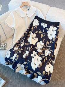 Franclia Women's Elegant Peter Pan Collar Short Sleeve Blouse And Printed A-Line Skirt 2Pcs Set
