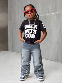 Young Boy Distressed Street Style Star Patchwork Loose Fit Blue Denim Jeans For Kids Clothes Boys Costume Dailywear Streetwear Outfits And Kids Four Seasons Clothes Back To School Clothes - Light Wash - View 4