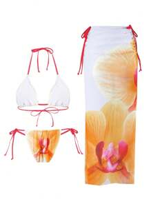 Swim SXY Spring Break Women Sexy Microtrip Print Halter Bowknot Textured Fabric 3-Piece Bikini Swimsuit For Beach Holiday For Summer Beach Vacation - Orange - View 5