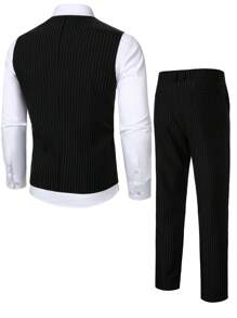 Manfinity Mode Men's Striped Suit, Includes Blazer Waistcoat And Pocket Pants, Men Dress Outfit, Wedding Outfit For Men, Men Dress Suits, Old Money Style - Black - View 2