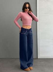 SHEIN Cottnline WOMEN WIDE LEG LOW WAIST CROSS EMBROIDERY JEANS - Dark Wash - View 3