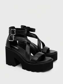 Women's Thick-Sole Black Sandals, Open-Toe Chunky Heels With Ankle Strap And Back Zipper, Durable Rubber Outsole, Multi-Functional Casual Shoes For All Seasons - Black - View 3