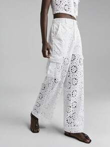 Ontre 2025 White Loose Casual Embroidered Hollow-Out Fabric Cargo Pants, Baggy Beach Bohemian Style For Women