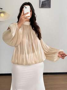 SHEIN Clasi 加大码光泽纯色褶皱半透明肩部优雅性感衬衫 - 杏色 - 查看 5